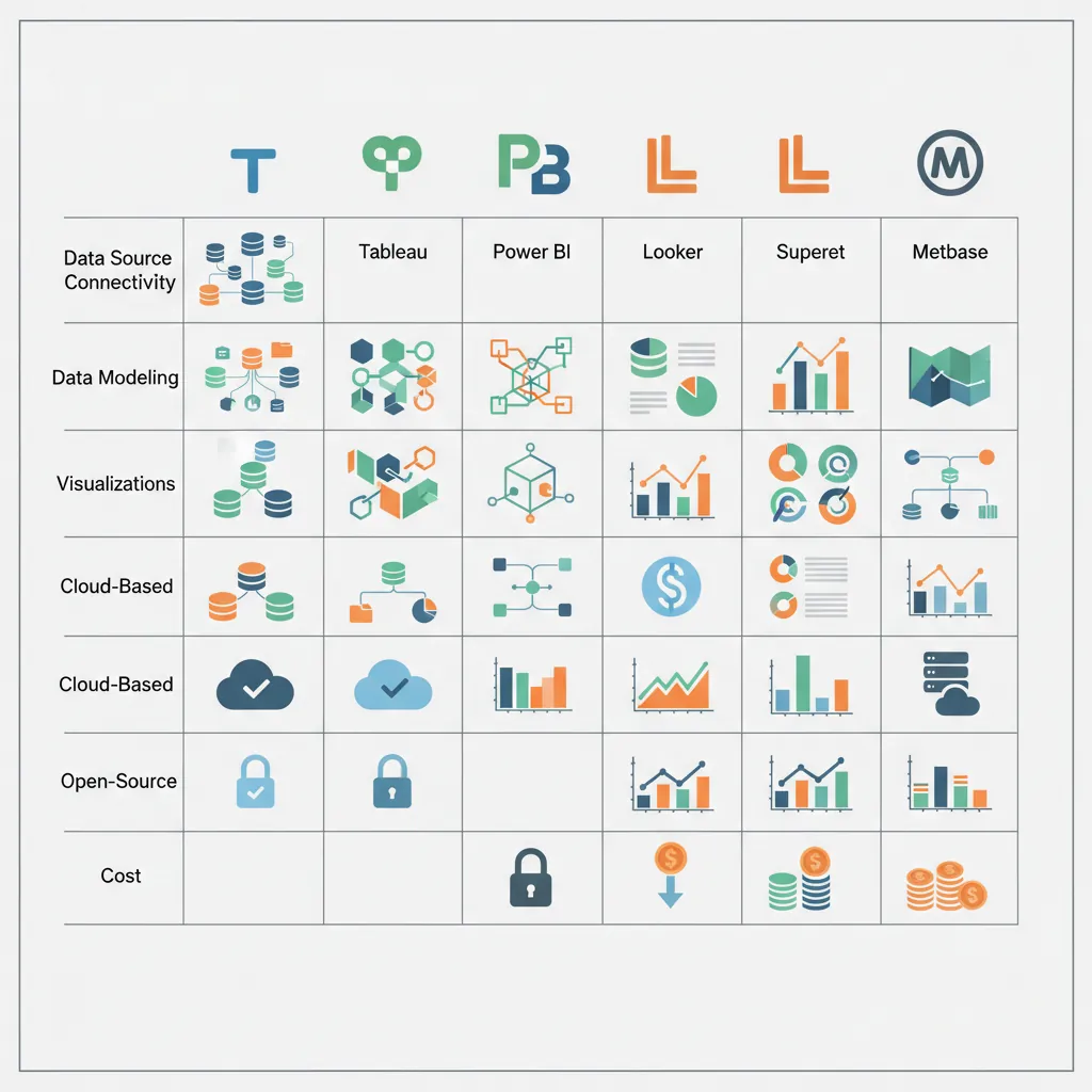 Feature comparison matrix of major BI tools including Tableau Power BI Looker and open-source alternatives