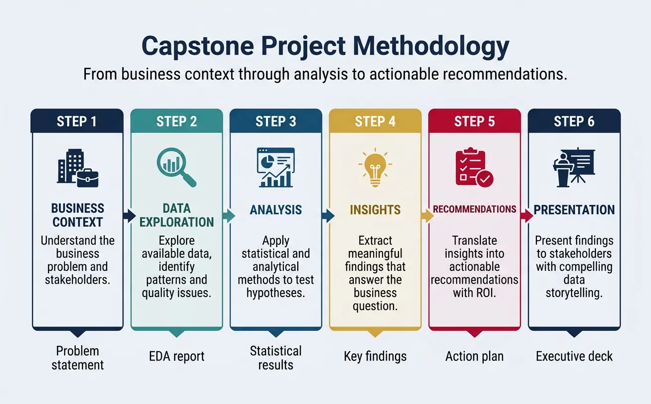 Six-step capstone project methodology showing business context, data exploration, analysis, insights, recommendations, and presentation