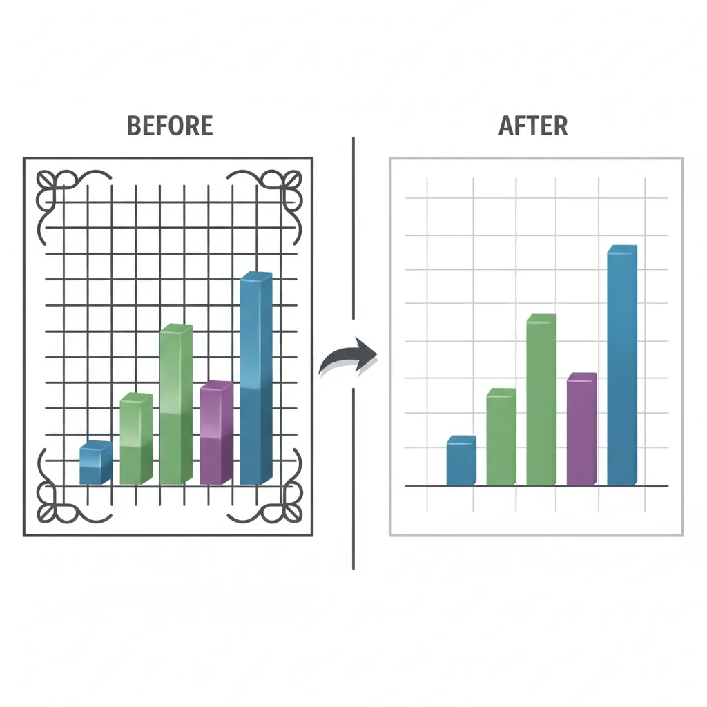 Side-by-side comparison of a cluttered chart with 3D effects, heavy gridlines, and decorative elements versus a clean chart with clear data hierarchy