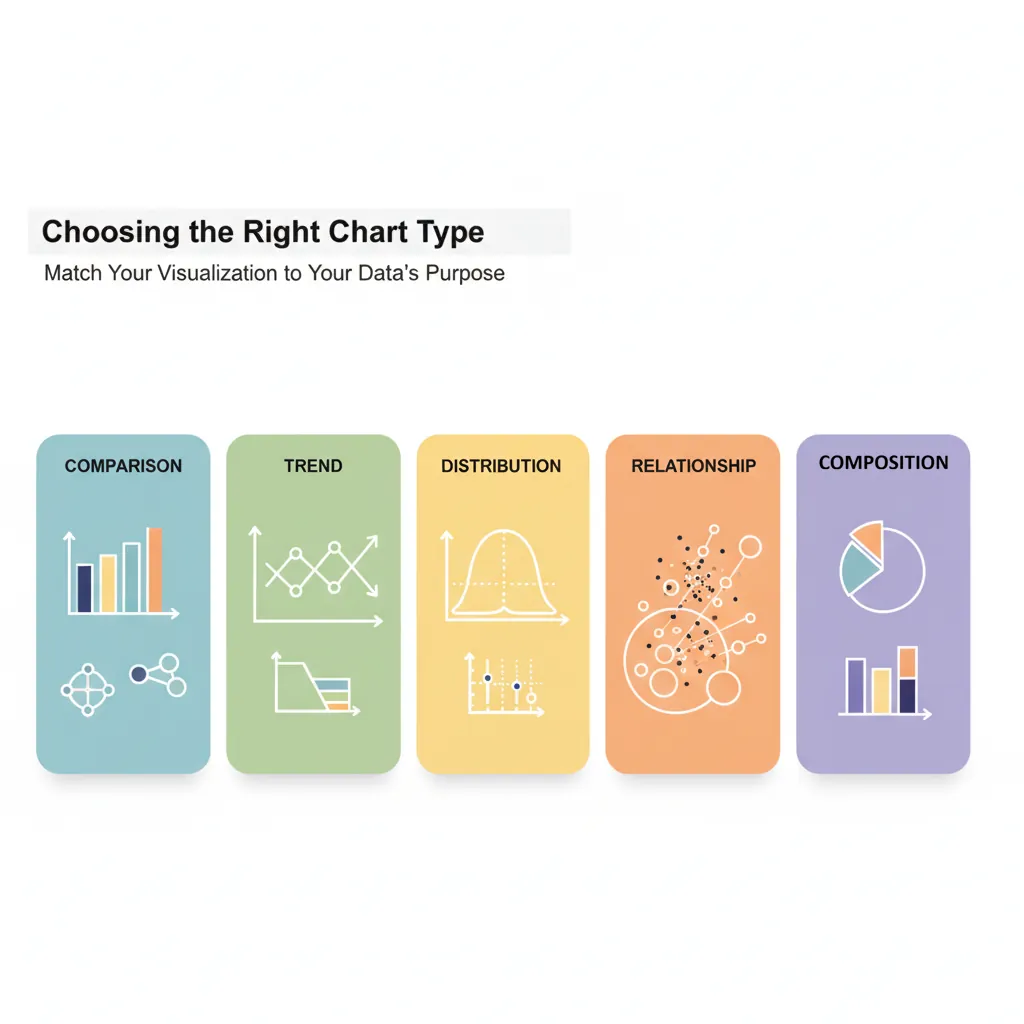 Flowchart guiding chart type selection based on data purpose: comparison, trend, distribution, relationship, or part-to-whole