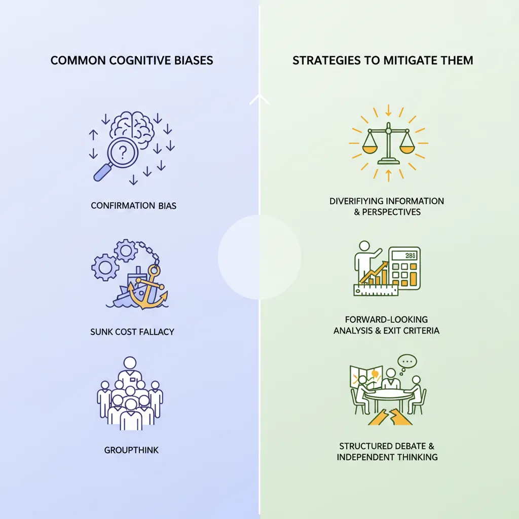 Mind map of common cognitive biases affecting business decisions including confirmation bias anchoring and sunk cost fallacy