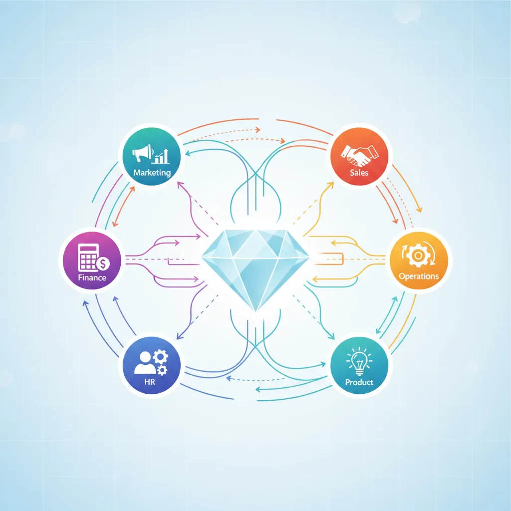 Diagram showing interconnected business functions (marketing, sales, finance, operations, HR, product) with data flows between them