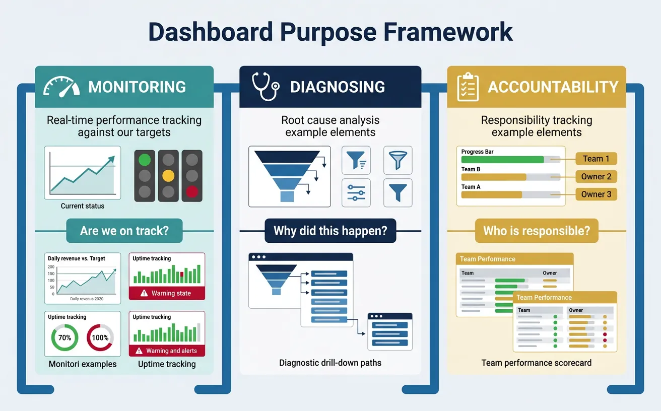 Three-part diagram showing dashboard purposes for monitoring diagnosing and accountability with example use cases