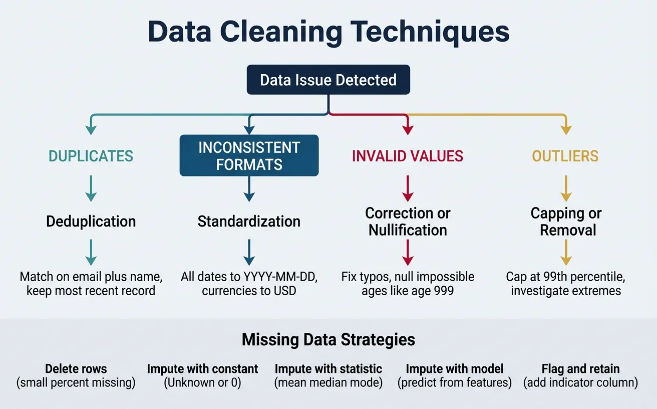 Decision tree showing common data cleaning techniques for handling duplicates inconsistencies and missing values