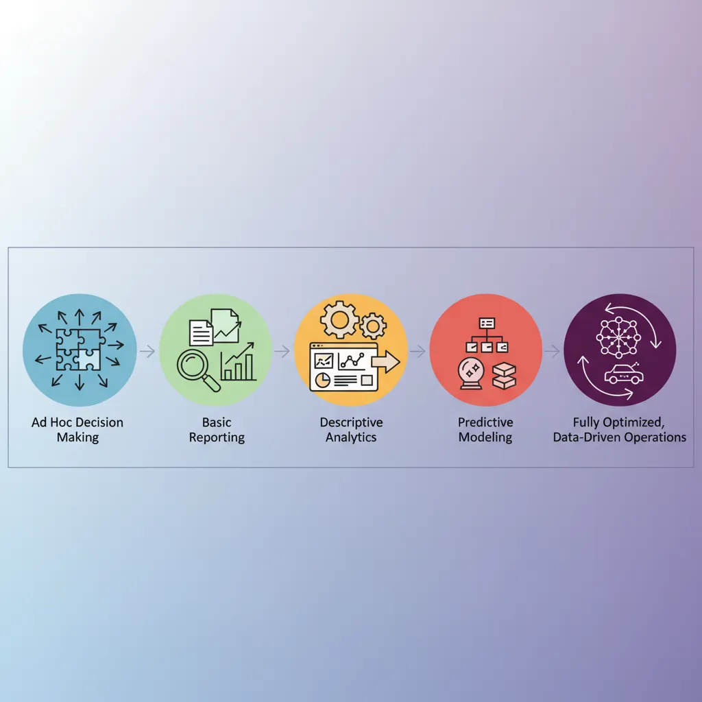 Five-level data culture maturity model showing progression from ad hoc to aware to defined to managed to optimizing