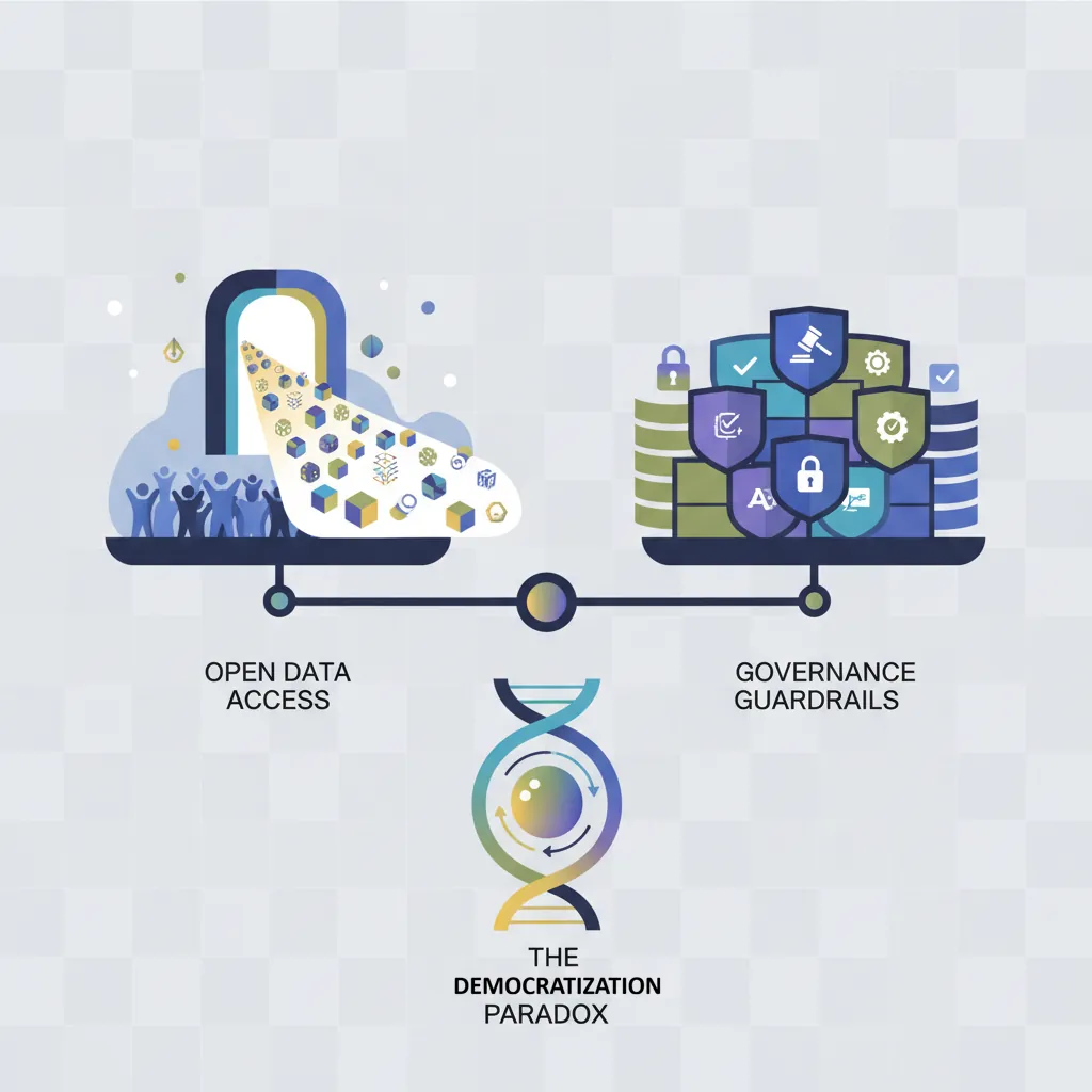 Diagram showing the balance between data democratization (open access, self-service tools) and governance (security, quality, standards)