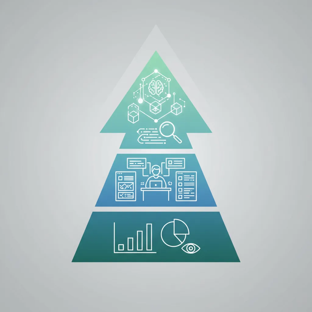 Pyramid diagram showing four levels of data literacy competency from foundational (reading charts) to advanced (building models and mentoring)