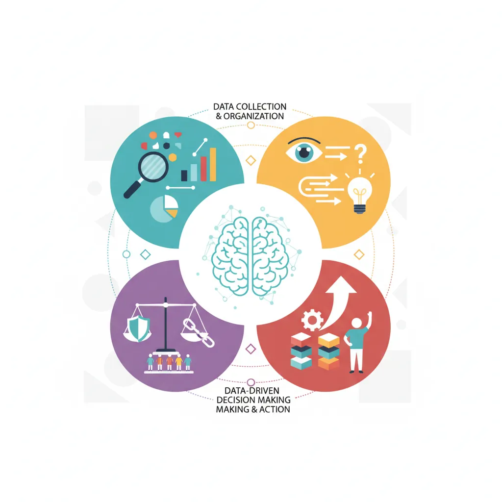 Visual overview of essential data literacy concepts including distributions correlation and statistical measures