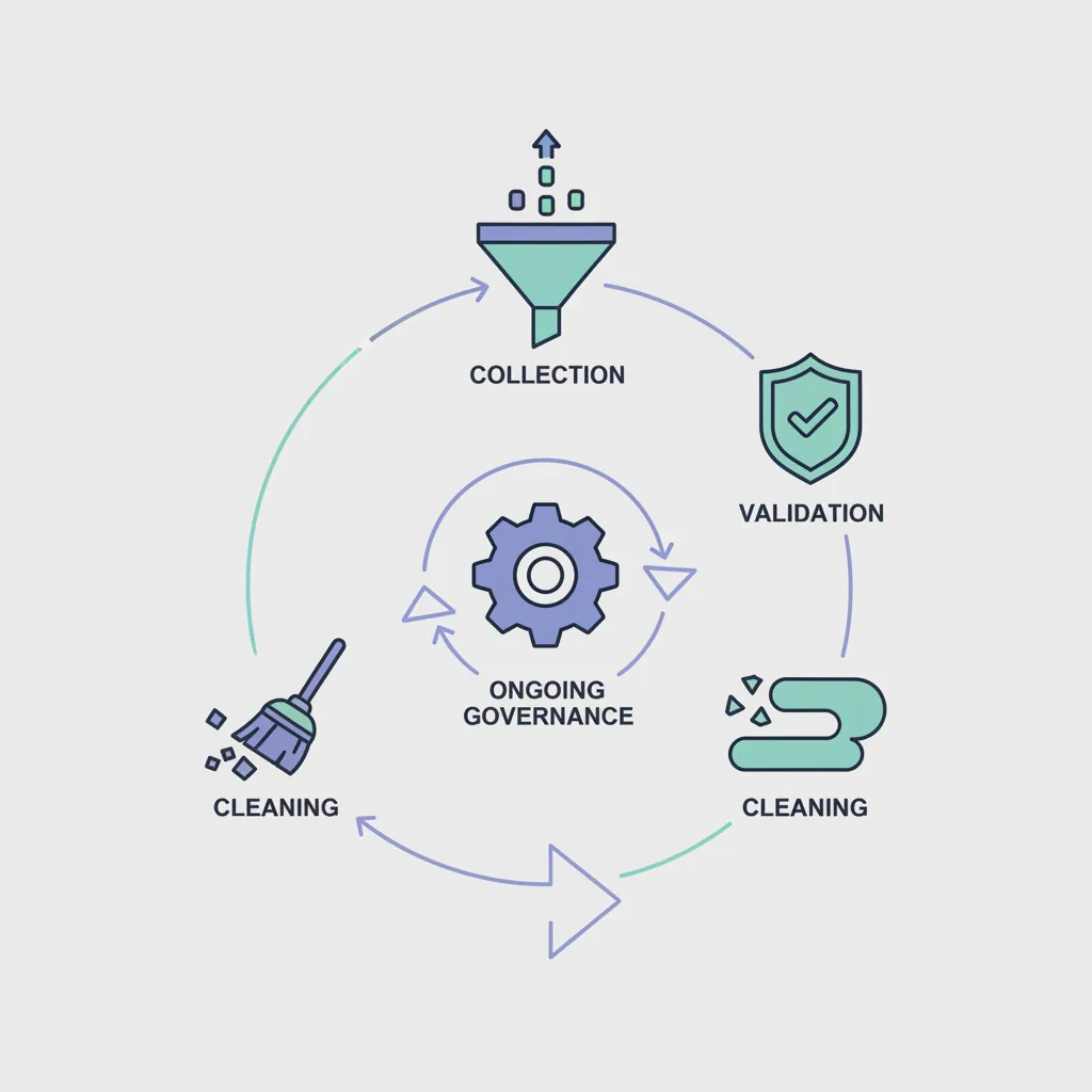 Diagram illustrating the complete data quality lifecycle from collection through validation to governance