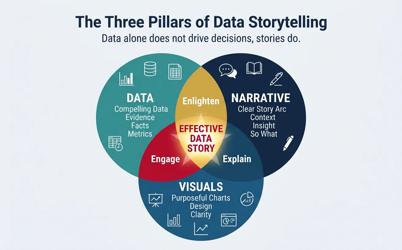 Venn diagram showing the intersection of data, narrative, and visuals that creates an effective data story