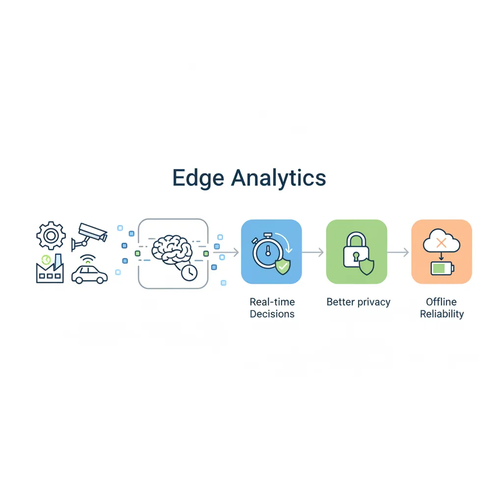 Edge analytics architecture showing IoT sensors processing data locally on devices with selective cloud synchronization for lower latency and privacy