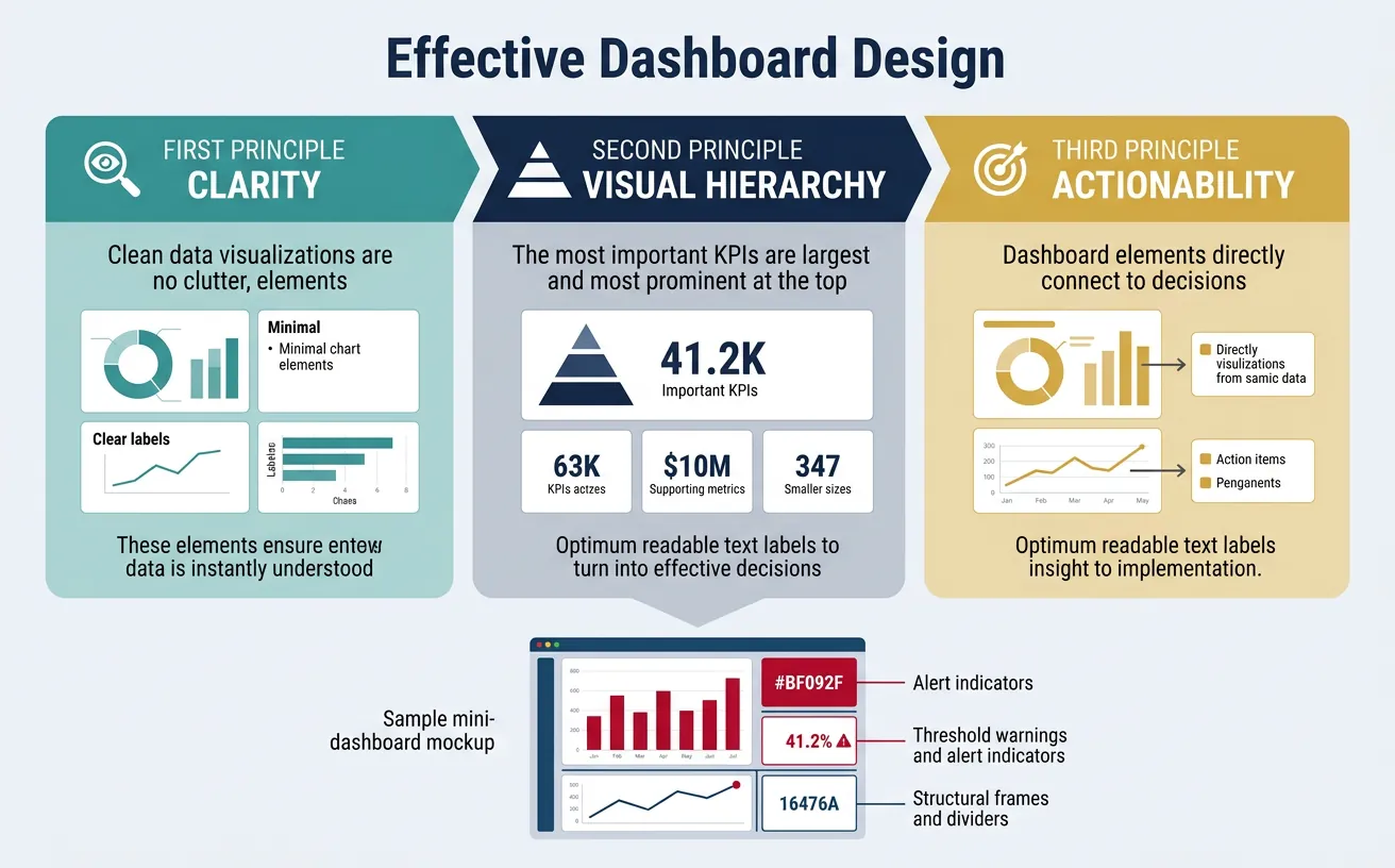 Overview diagram of effective dashboard design showing key principles of clarity hierarchy and actionability