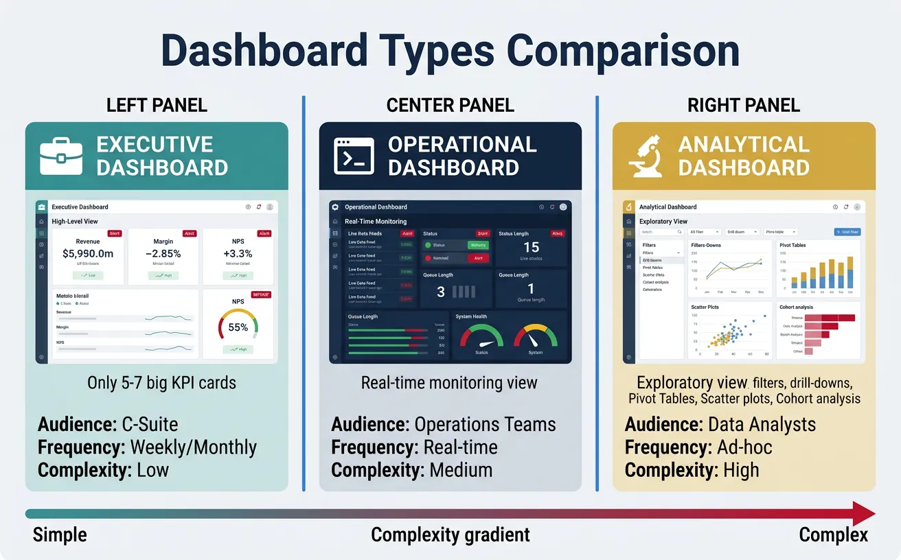 Side-by-side comparison of executive operational and analytical dashboard types with audience and complexity indicators