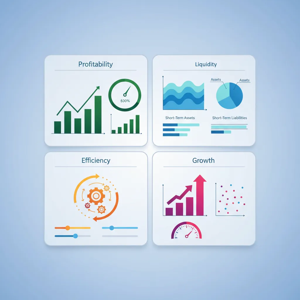 Financial analytics dashboard showing profitability margins, liquidity ratios, efficiency metrics, and growth indicators in a balanced scorecard layout
