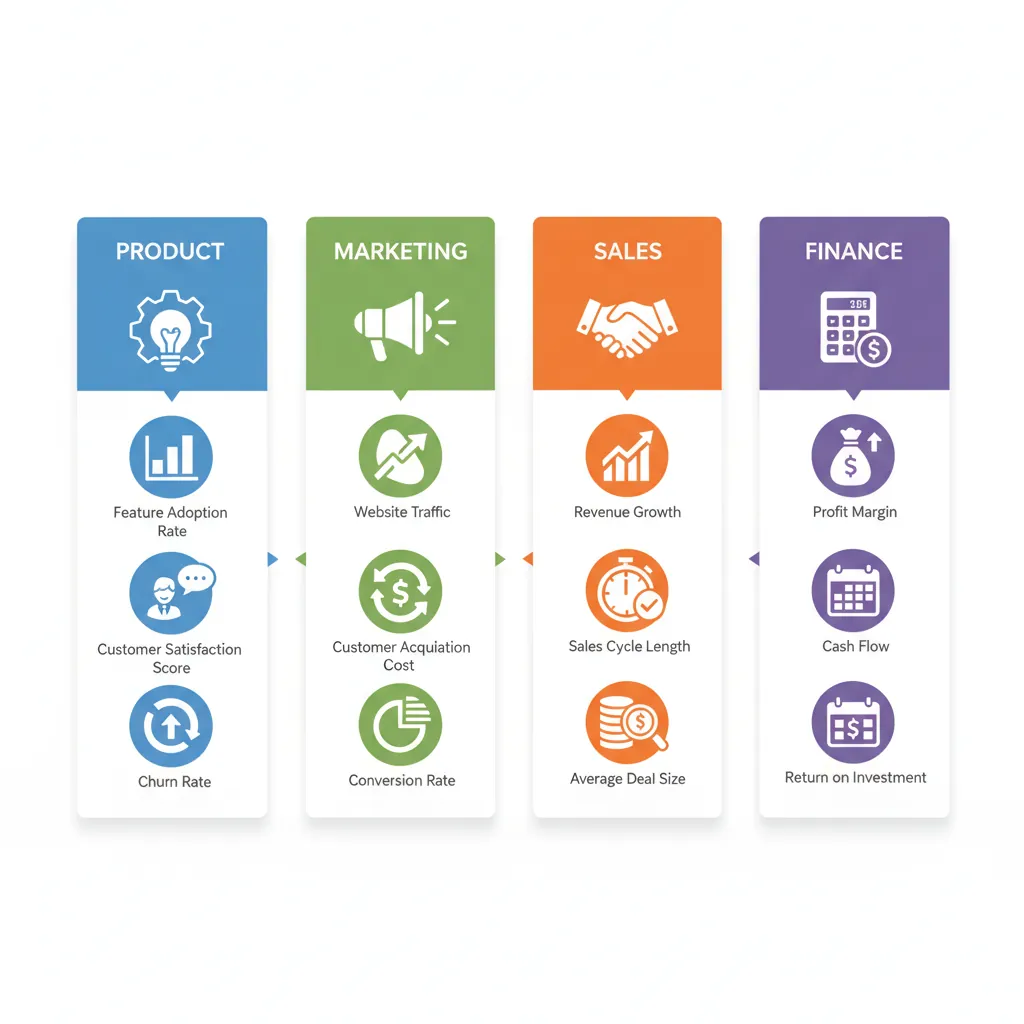 Dashboard-style diagram showing key KPIs organized by business function including product marketing sales and finance