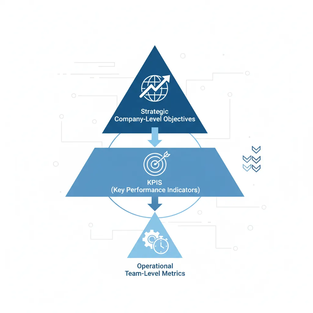Hierarchical diagram showing KPIs cascading from strategic company-level to operational team-level metrics