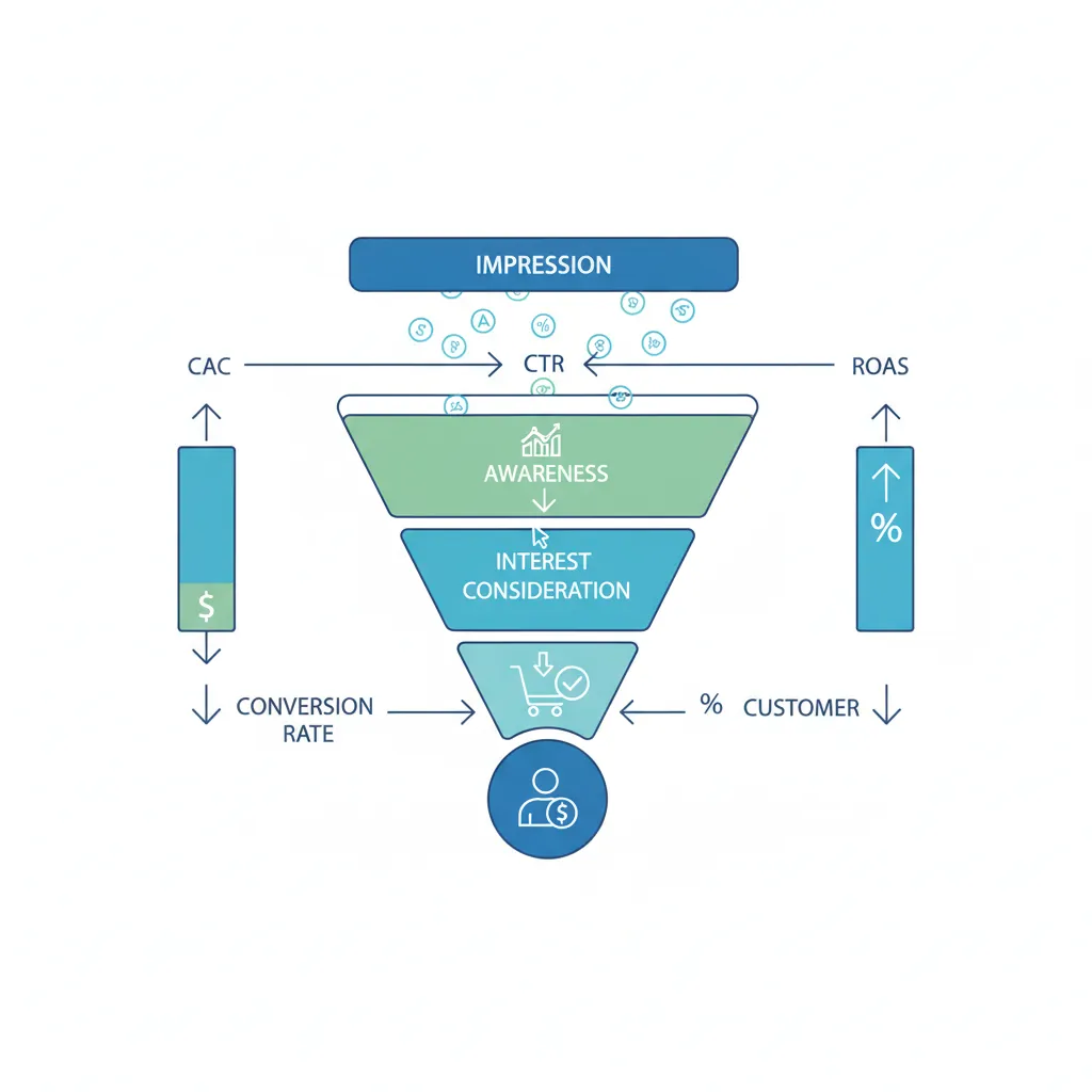 Marketing funnel showing impressions to clicks to leads to customers with key metrics (CTR, conversion rate, CAC, ROAS) at each stage