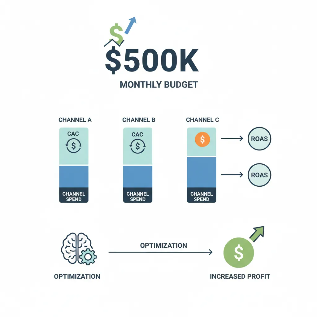 Marketing ROI analysis dashboard showing channel spend allocation, CAC by channel, ROAS comparison, and budget reallocation recommendations