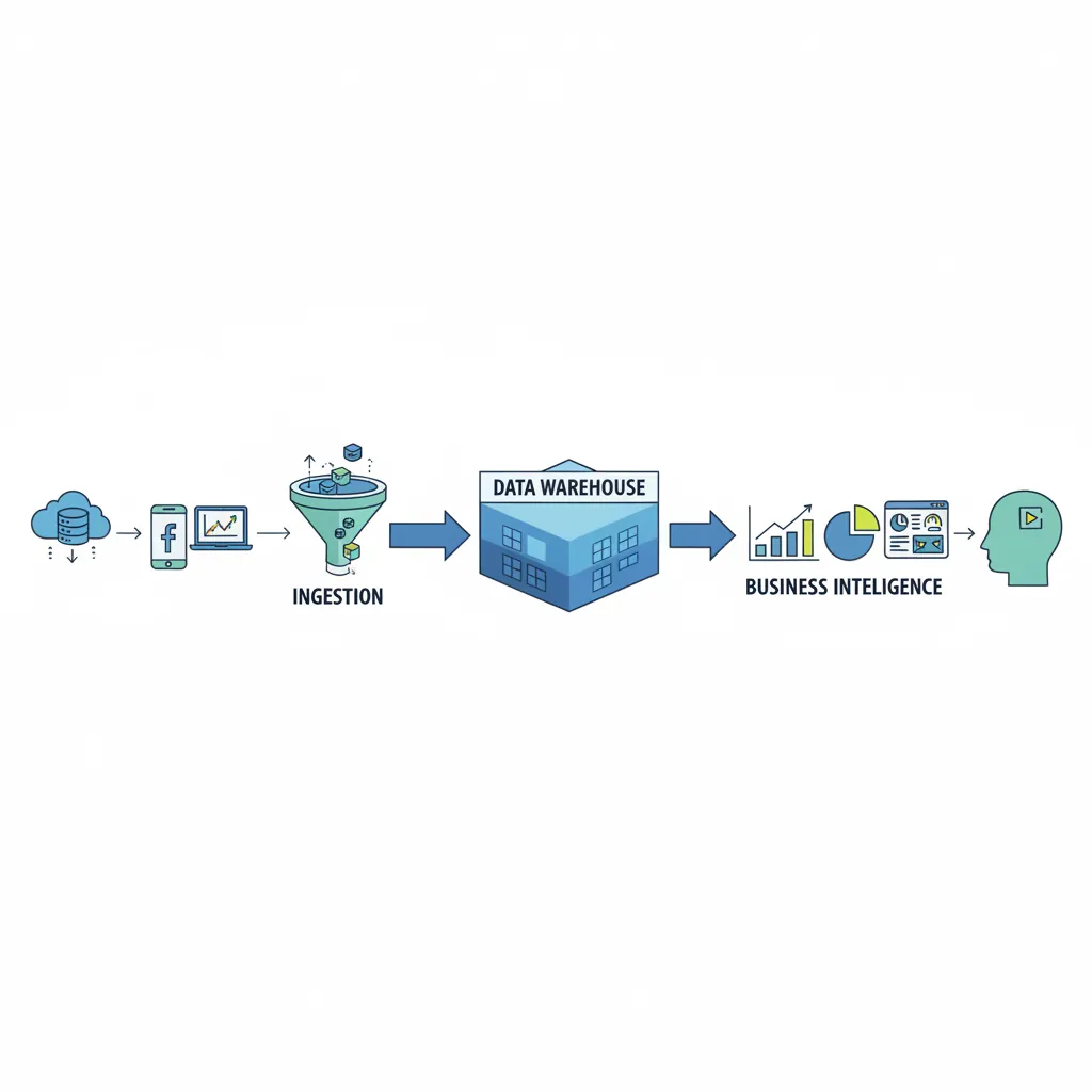 Flowchart of a modern analytics ecosystem showing data sources ingestion warehouse transformation and visualization layers