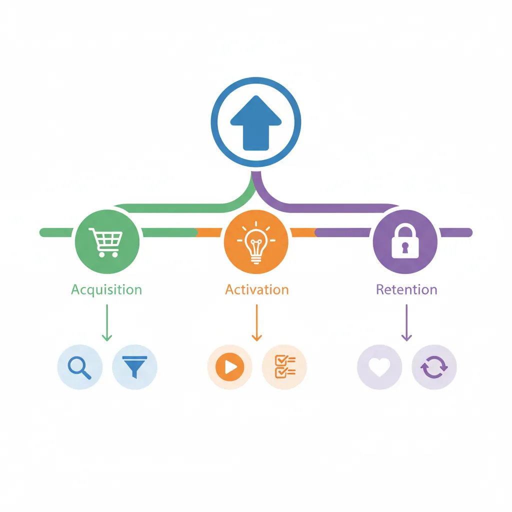 Tree diagram showing a North Star metric at the top with supporting metrics branching into acquisition activation and retention