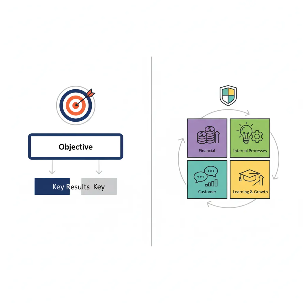 Side-by-side comparison of OKR and Balanced Scorecard frameworks for organizing and tracking KPIs