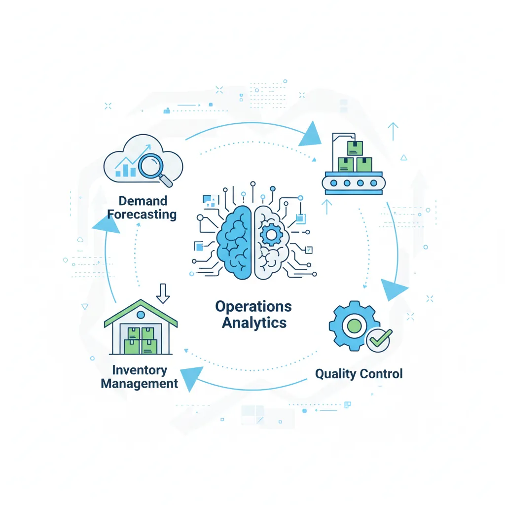 Supply chain operations flow diagram showing demand forecasting, inventory optimization, supplier performance tracking, and quality control metrics