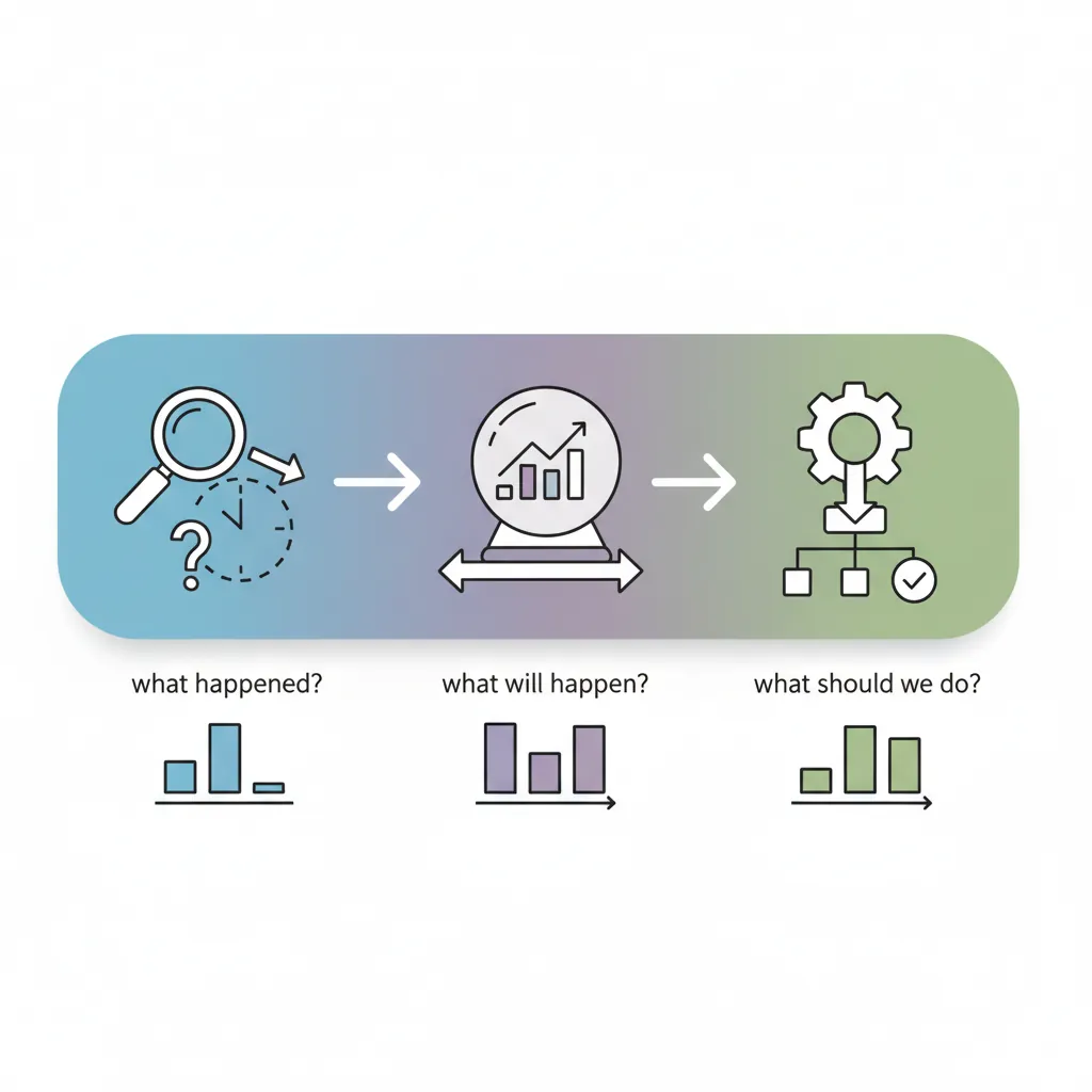 Diagram showing the analytics maturity spectrum from descriptive to predictive to prescriptive with example questions and outputs