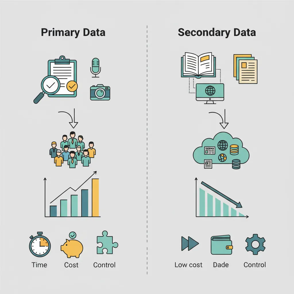 Comparison diagram of primary and secondary data collection methods with trade-offs in cost quality and timeliness