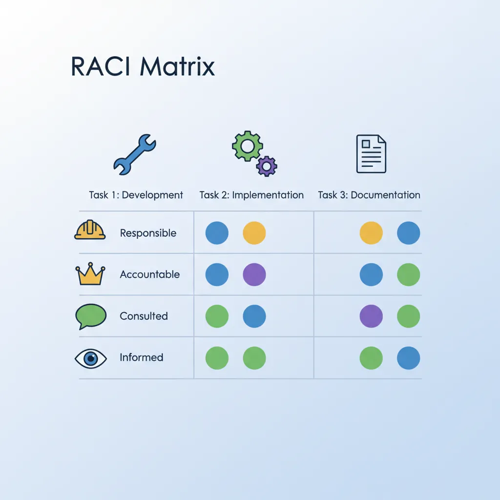 Visual RACI matrix template showing Responsible Accountable Consulted and Informed roles mapped to project tasks