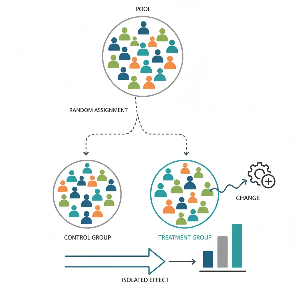 Diagram showing random assignment of users into control and treatment groups with traffic splitting