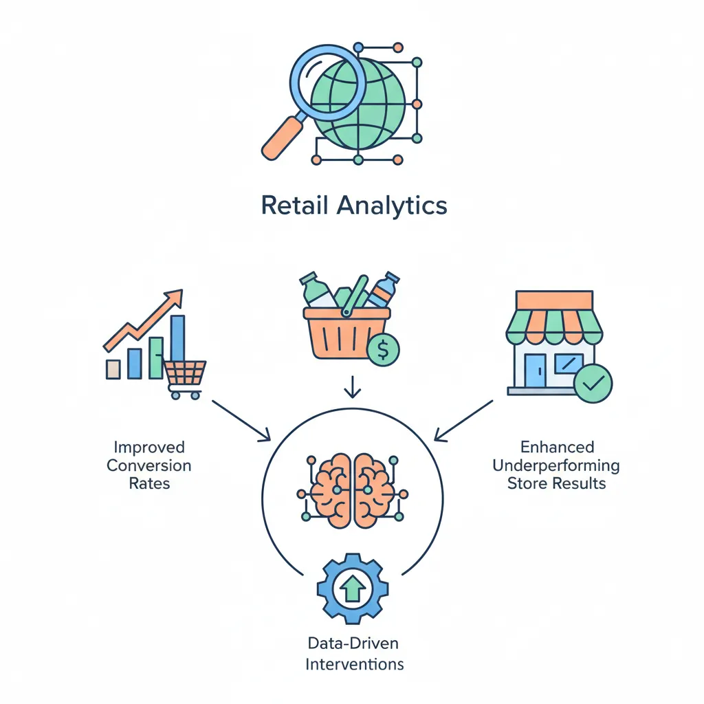 Retail analytics before-and-after dashboard showing conversion rate, basket size, and store performance improvements across 50 stores