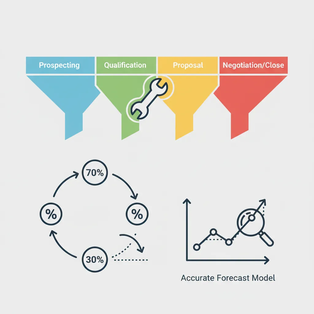 Sales pipeline funnel showing stage conversion rates, deal velocity, bottleneck identification, and forecast model comparison