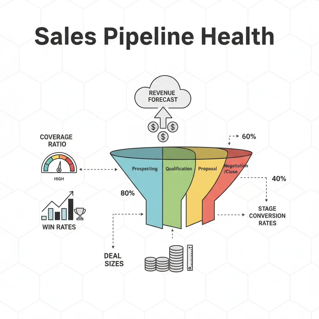 Sales pipeline visualization showing deal stages from lead to close with conversion rates, average deal sizes, and cycle length metrics