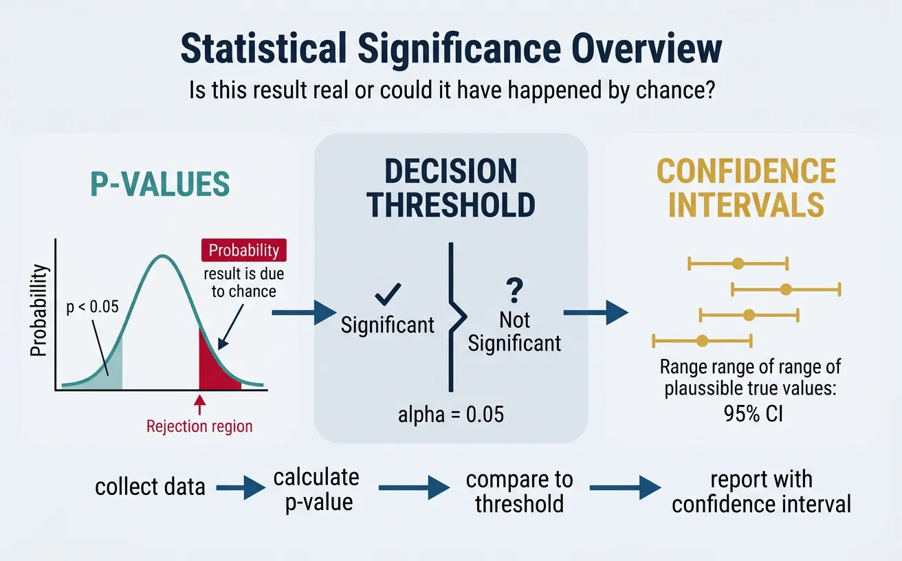 Visual overview of statistical significance showing the relationship between p-values confidence intervals and decision thresholds