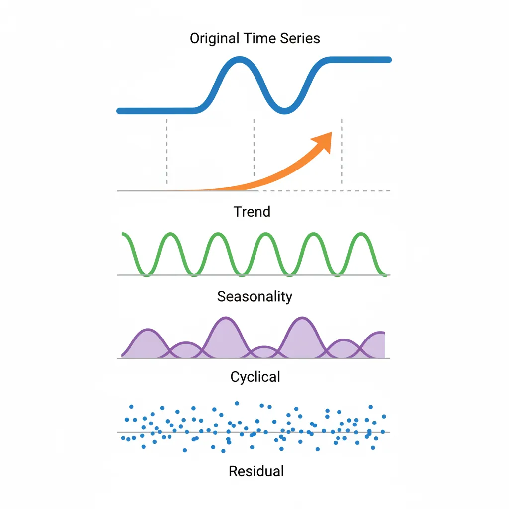 Illustration of time series components showing trend line, seasonal patterns, cyclical movements, and residual noise overlaid on raw data