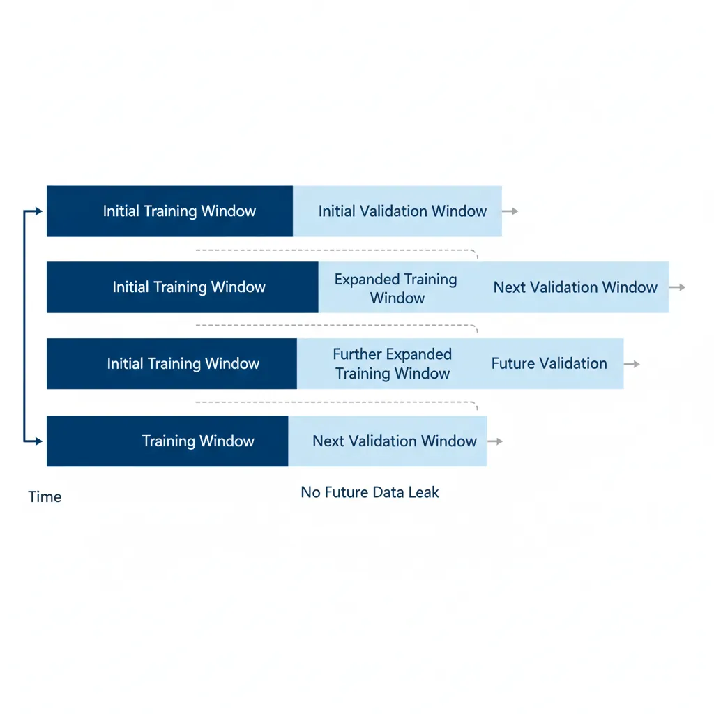 Diagram of walk-forward cross-validation showing expanding training windows and successive test periods on a timeline