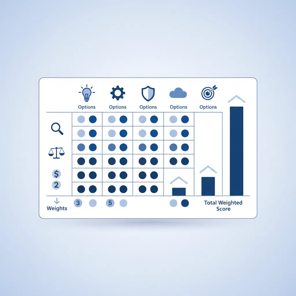 Weighted scoring decision matrix comparing multiple options across criteria with calculated total scores