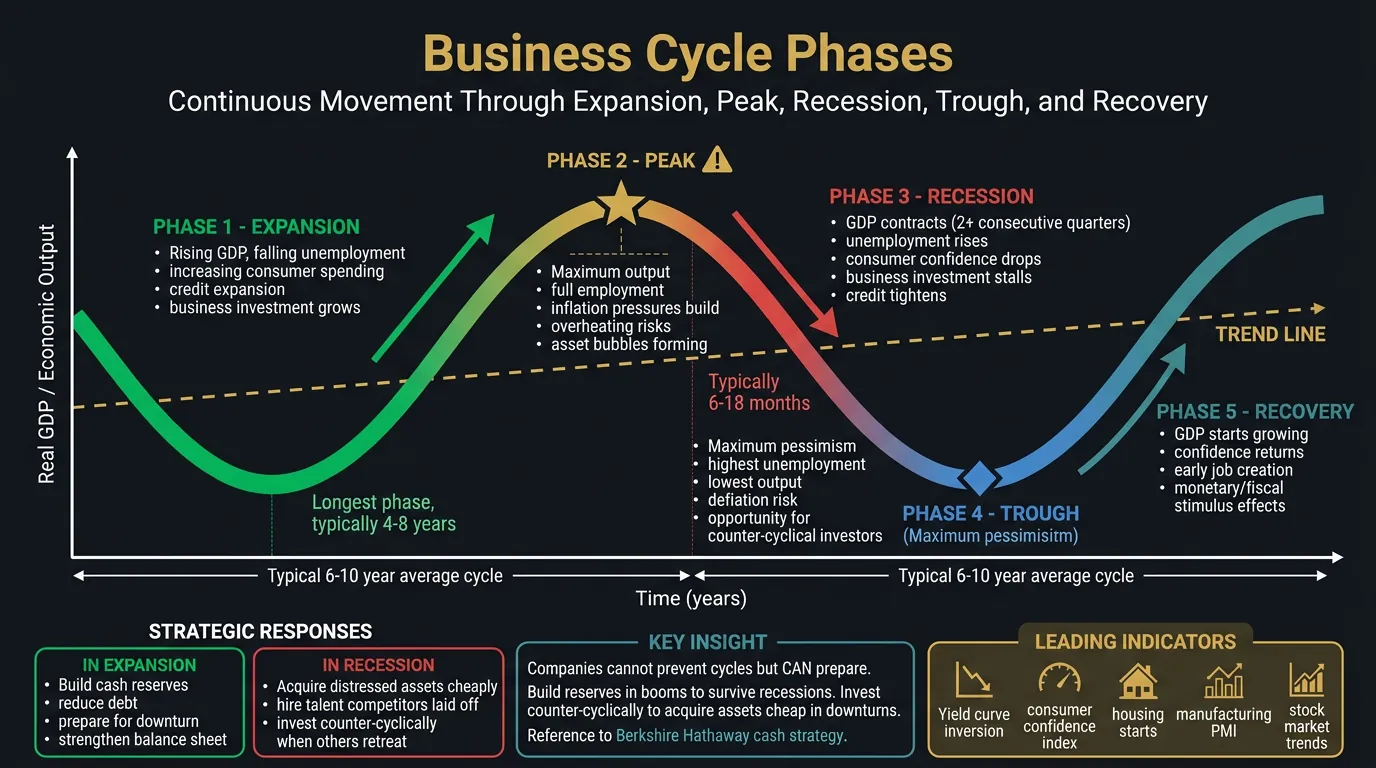 Business cycle phases: expansion, peak, recession, trough, recovery