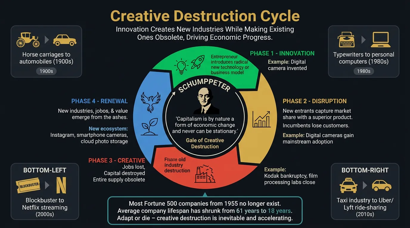 Creative destruction cycle showing innovation creating and destroying industries