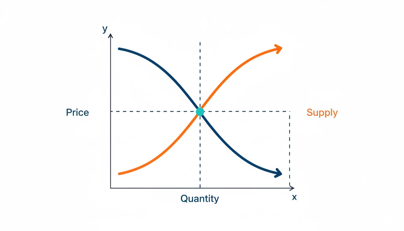 Supply and demand curves intersecting at equilibrium price point