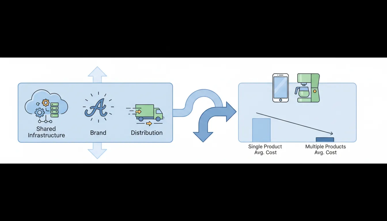 Economies of scope diagram showing shared resources across multiple products