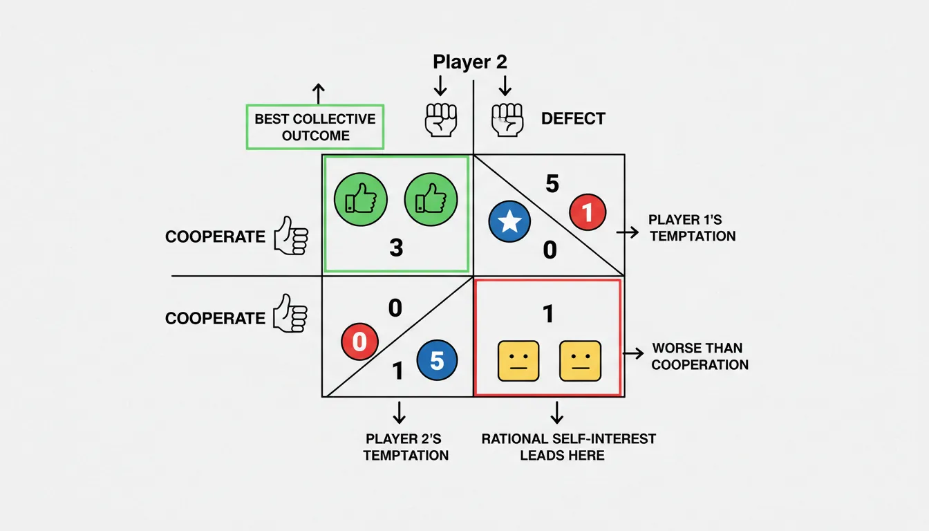 Prisoner's dilemma payoff matrix showing cooperation vs defection outcomes