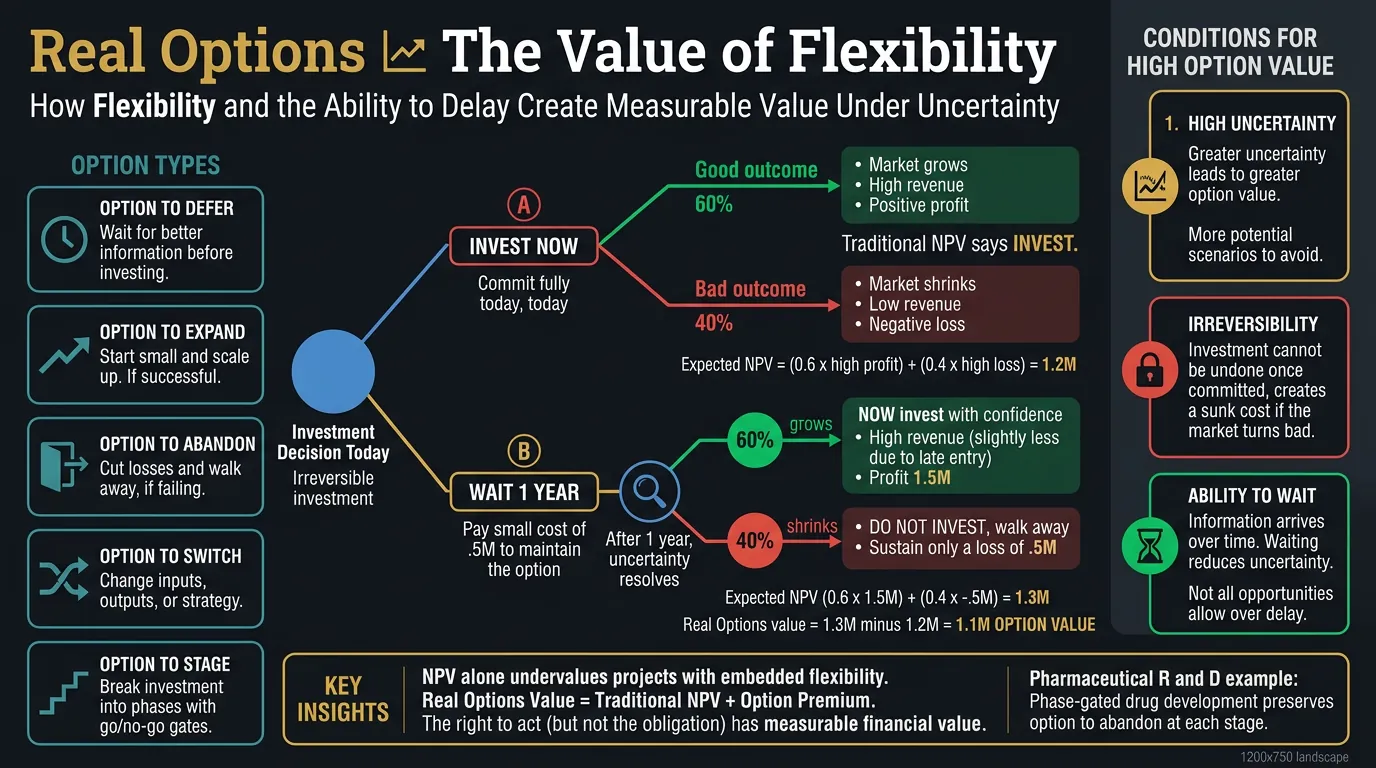 Real options theory: the value of flexibility and delaying irreversible decisions