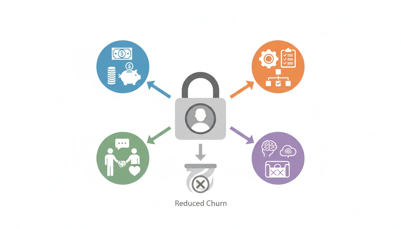 Switching costs diagram showing financial, procedural, relational, and psychological barriers