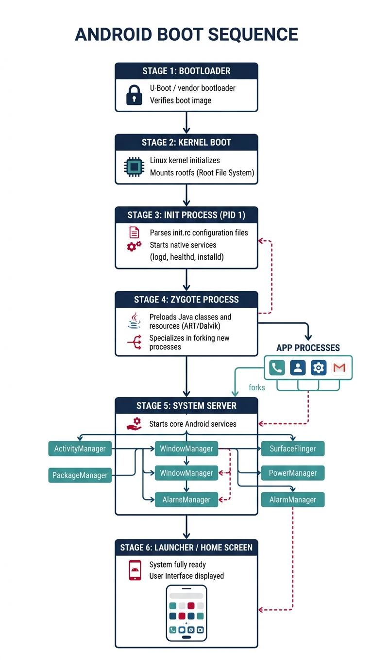 Android boot sequence from bootloader through init, Zygote, System Server, to application launch
