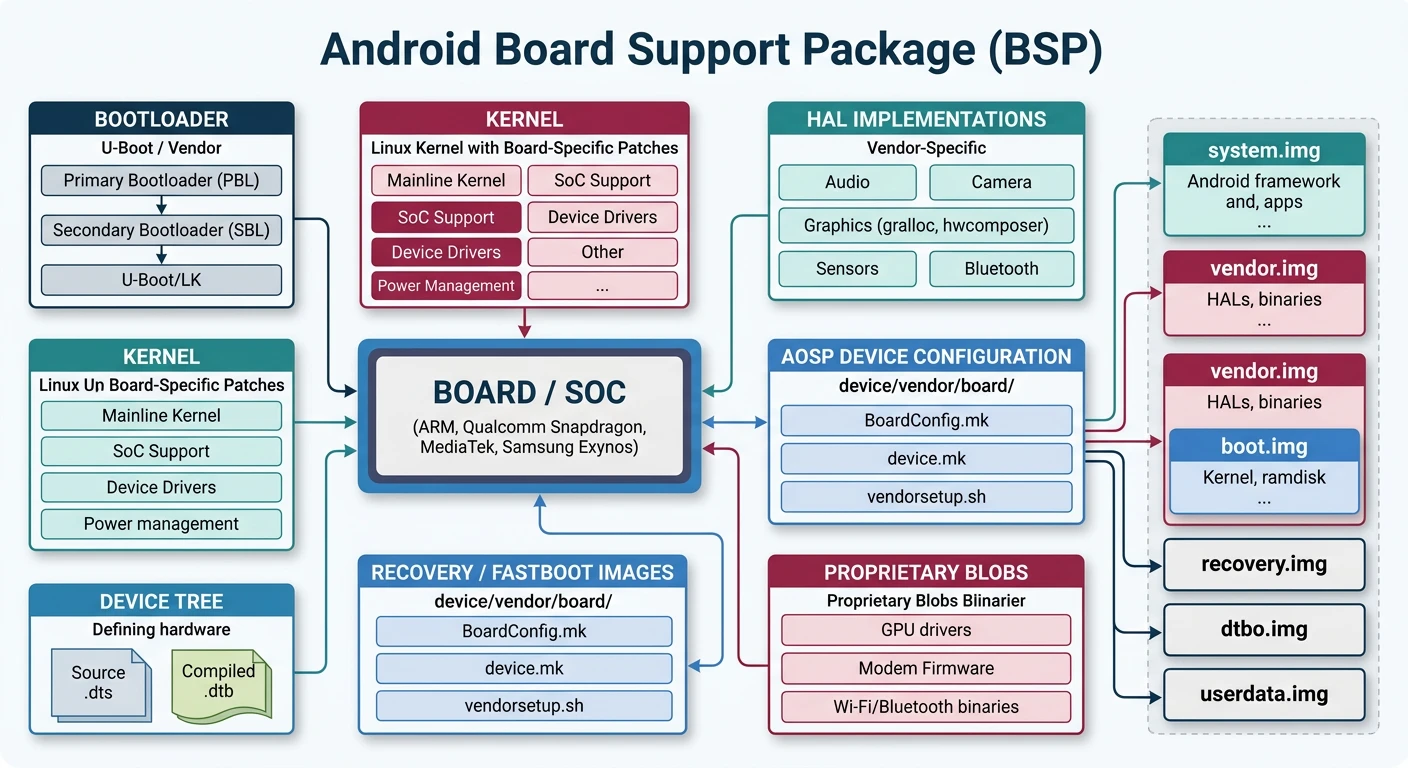 Android BSP components including kernel, device tree, bootloader, HALs, and AOSP configuration files