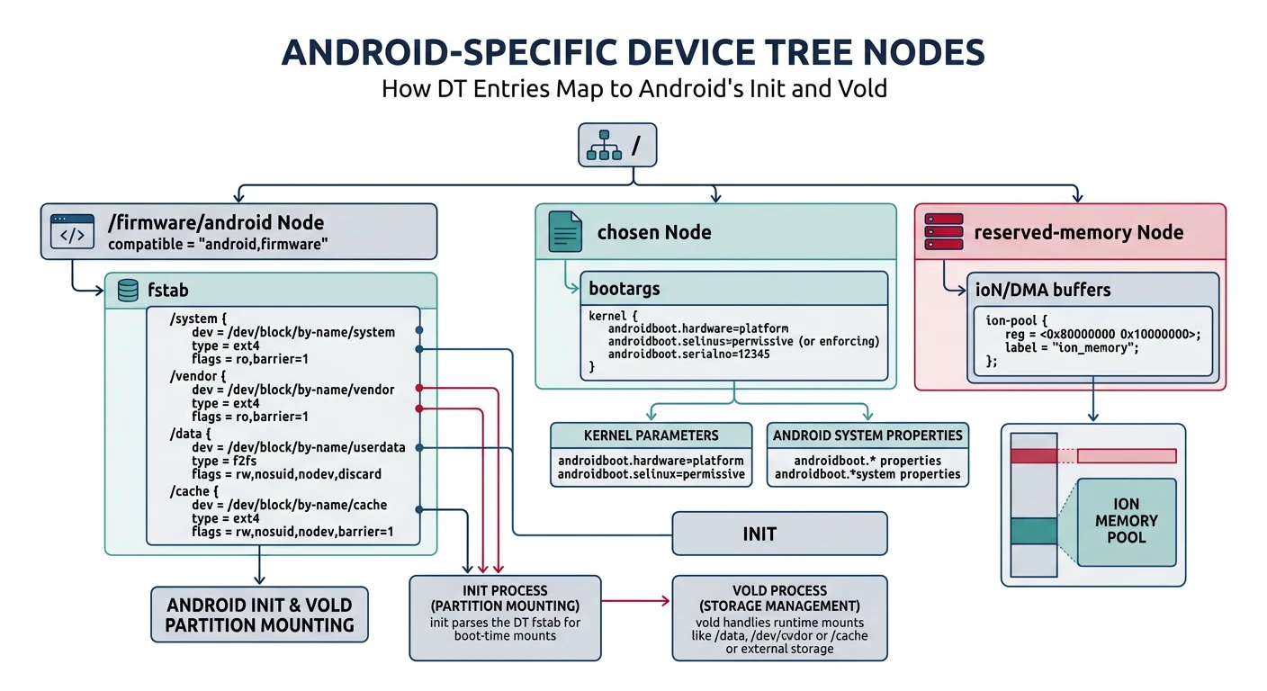 Android-specific device tree nodes including firmware, fstab, and partition configurations