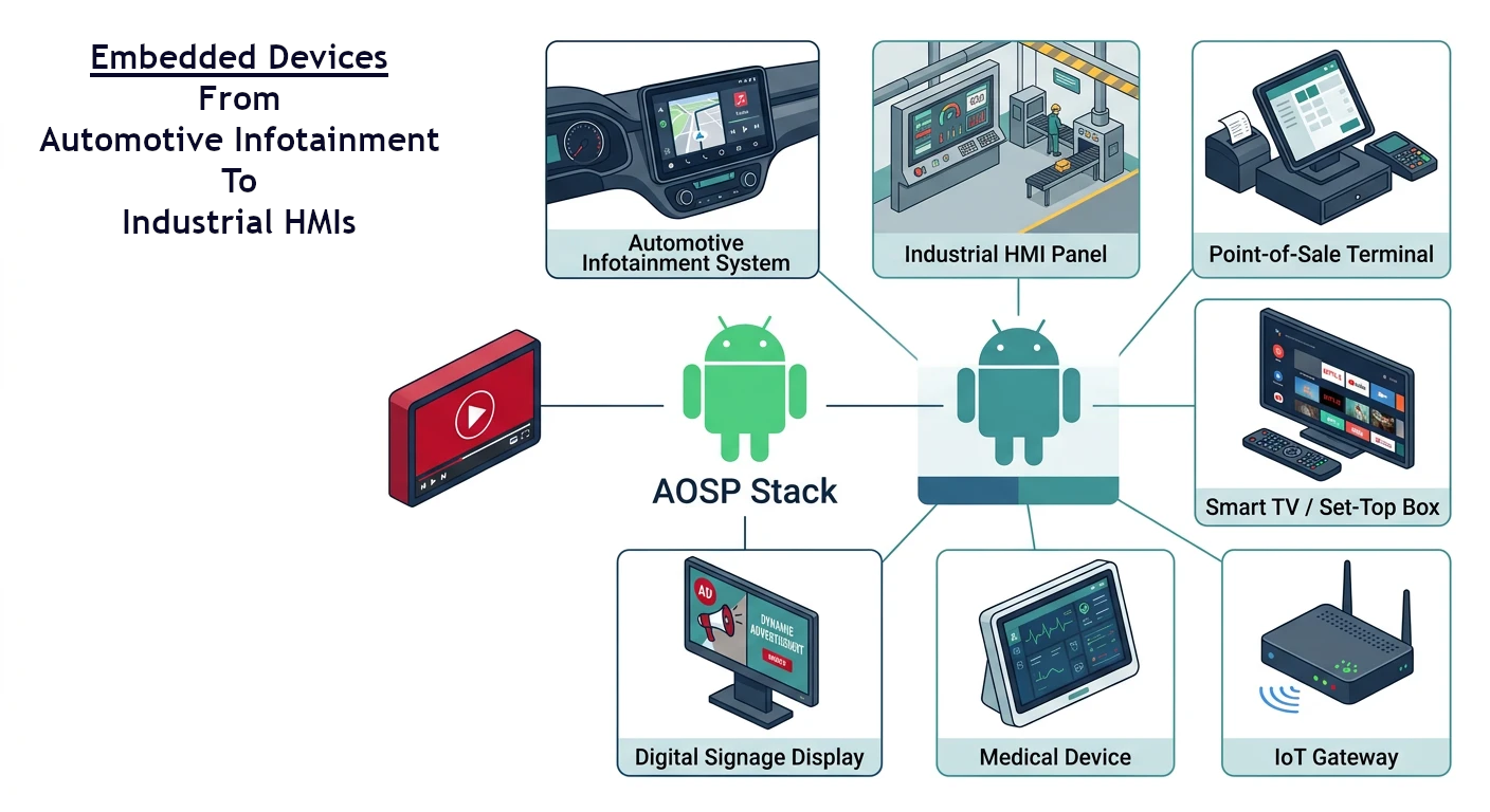 Android powering various embedded devices including automotive infotainment, industrial HMIs, and IoT devices