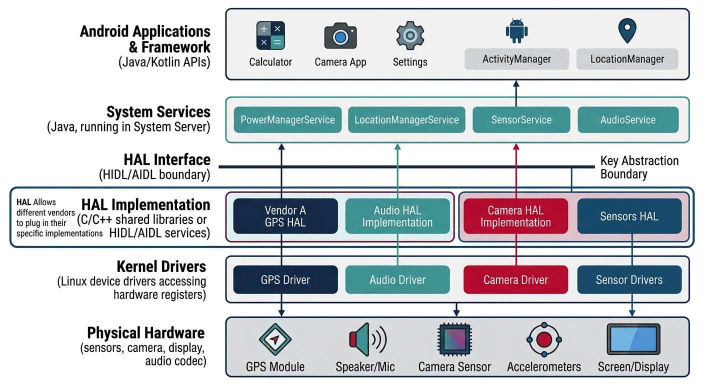 HAL architecture bridging Android framework APIs to kernel device drivers through standardized interfaces