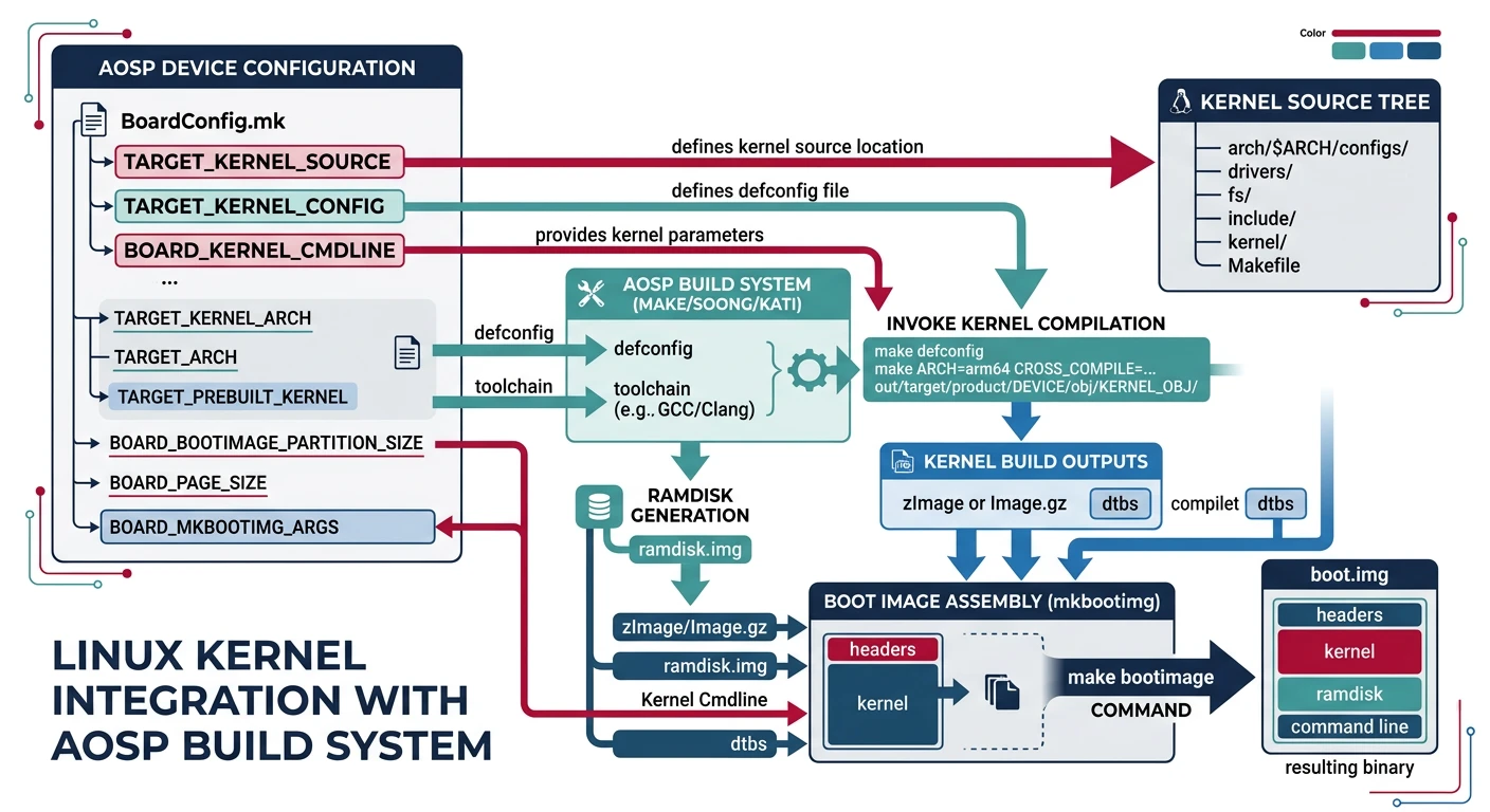 Kernel integration with AOSP through BoardConfig.mk settings, kernel source paths, and command line parameters